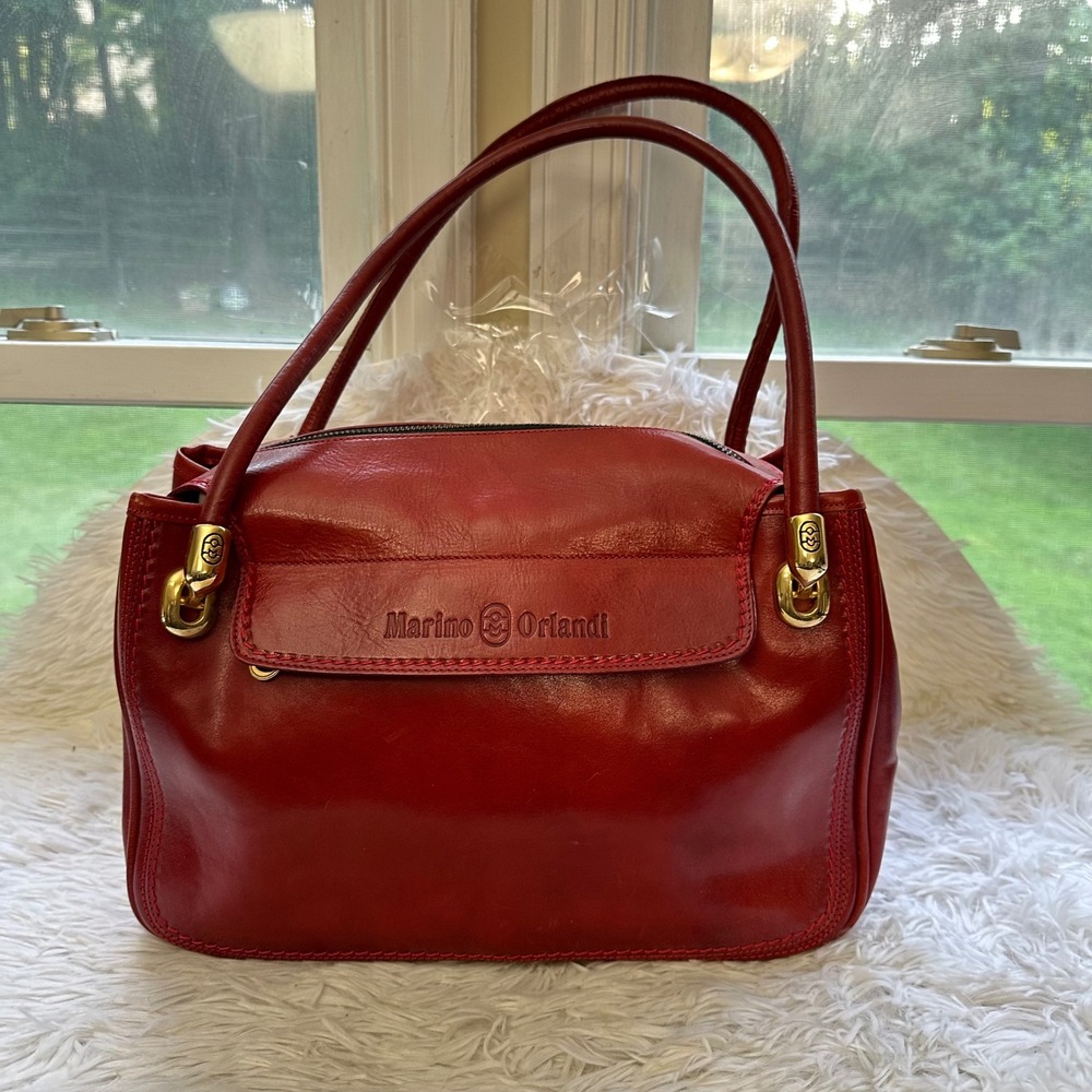 Marino Orlandi Dark Red Leather Zip Top Satchel Made in Italy Double Strap